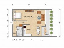 Grundriss + Kaarst + 1-Zimmerwohnung + ca. 58 m� Wohnfl�che + Balkon + 5. OG + Aufzug + TG-Stellplatz +