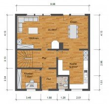 Grundriss EG + Holzb�ttgen + Doppelhaush�lfe + 116 m� Wohnfl�che + 459 m� Grundst�ck + 3 Schlafzimmer + 1989 +