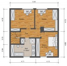 Grundriss OG + Holzb�ttgen + Doppelhaush�lfe + 116 m� Wohnfl�che + 459 m� Grundst�ck + 3 Schlafzimmer + 1989 +