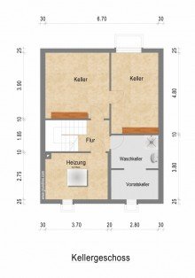Grundriss Keller + Kaarst + Reihenmittelhaus + ca. 205 m� Grundst�ck + ca. 98 m� Wohnfl. + 3 Schlafzimmer + Garage +